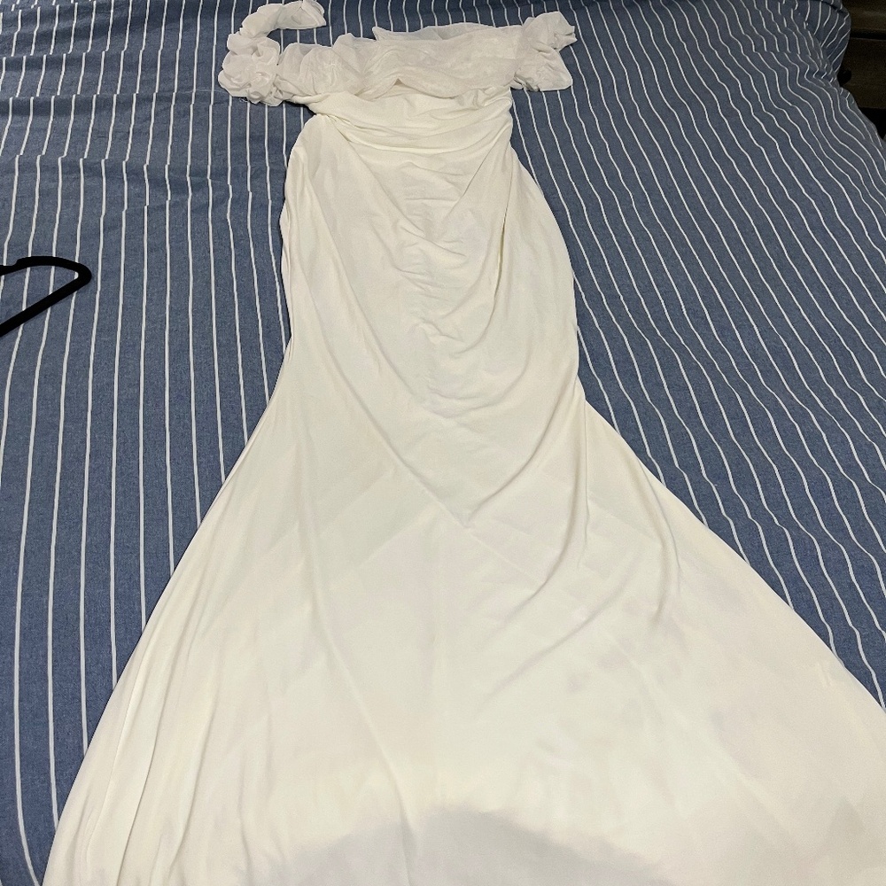 Club L London -White maternity ruched mesh Bardot maxi dress
